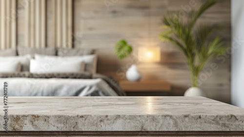 Stone table top with copy space. Bedroom background
