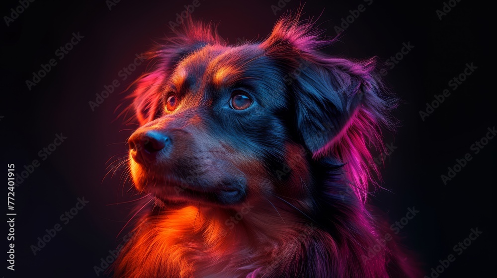  A close-up of a dog's face with red and blue light emanating from its eyes