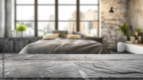 Stone table top with copy space. Bedroom background