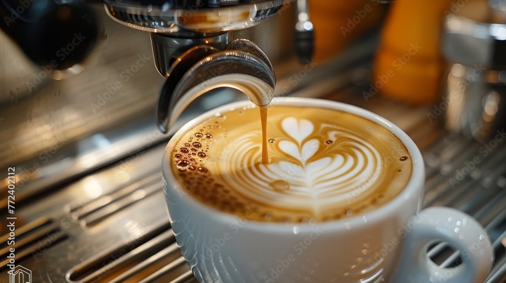 A coffee cup with a heart design on it is being poured into a cup A coffee cup with a heart design on it is being poured into a cup