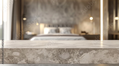 Stone table top with copy space. Bedroom background photo