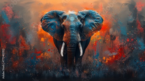  A painting of an elephant on an orange-blue background, adorned with numerous paint splatters