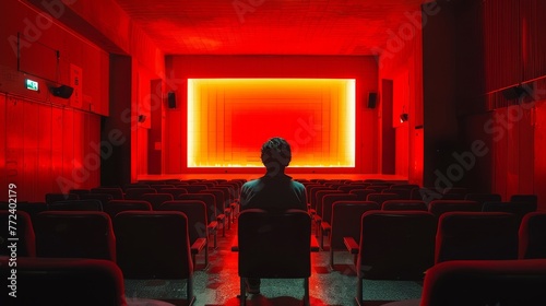A man sits in a movie theater with a red screen behind him. The theater is empty and the man is the only person in the room