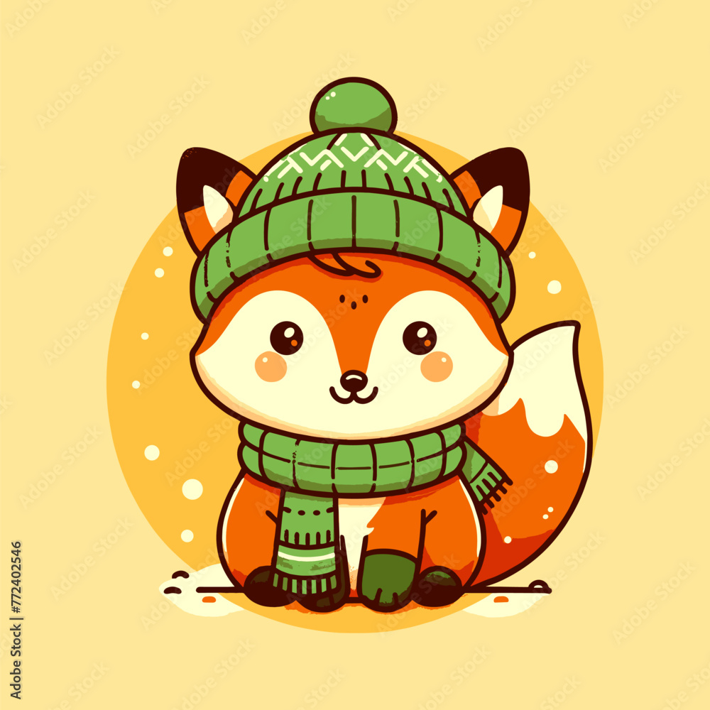Obraz premium Cuddly Winter Fox with Stylish Green Attire