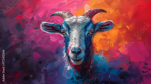  A goat painted with colors such as red, yellow, blue, and pink on its face is depicted in the artwork
