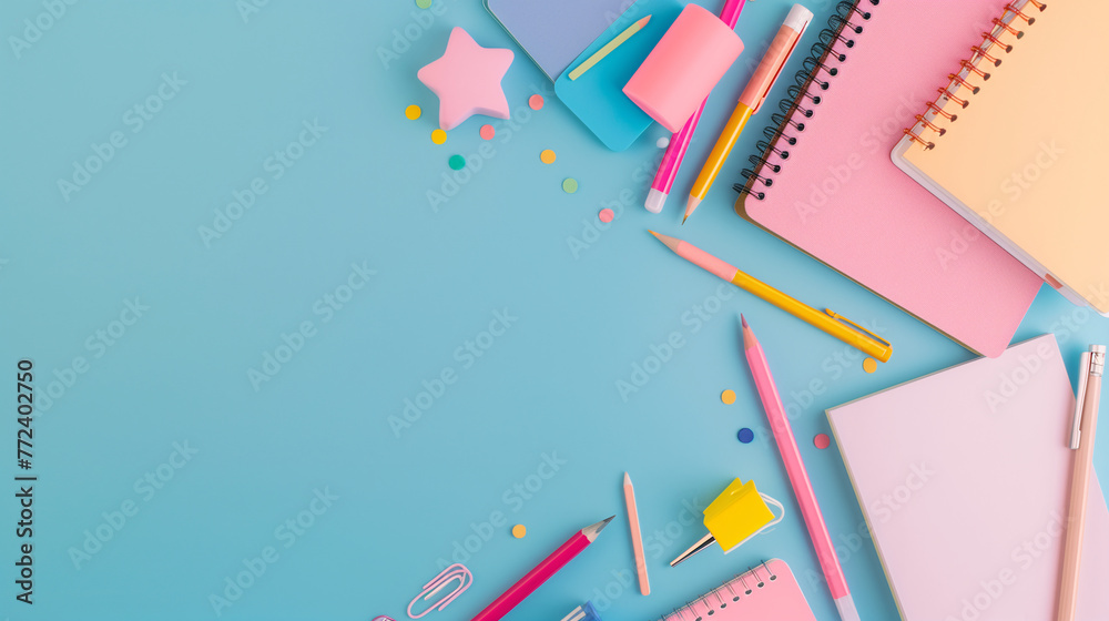 Frame design for teachers' day or back to school season. Various notebooks, pencil and and cute stationery on a plain blue background with blank space for text.