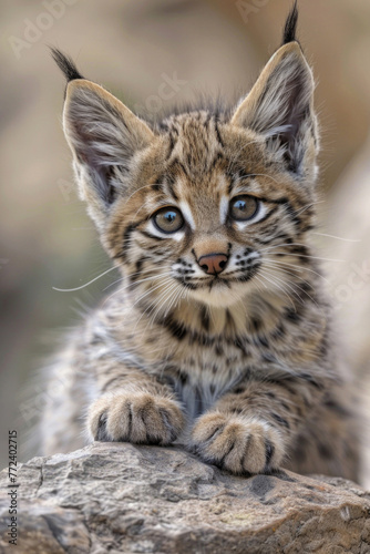 A curious bobcat kitten with big, tufted ears and a playful expression