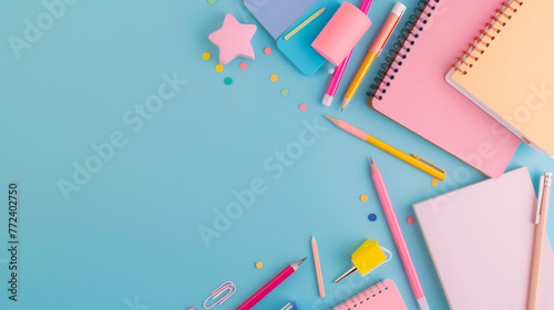 Frame design for teachers' day or back to school season. Various notebooks, pencil and and cute stationery on a plain blue background with blank space for text.