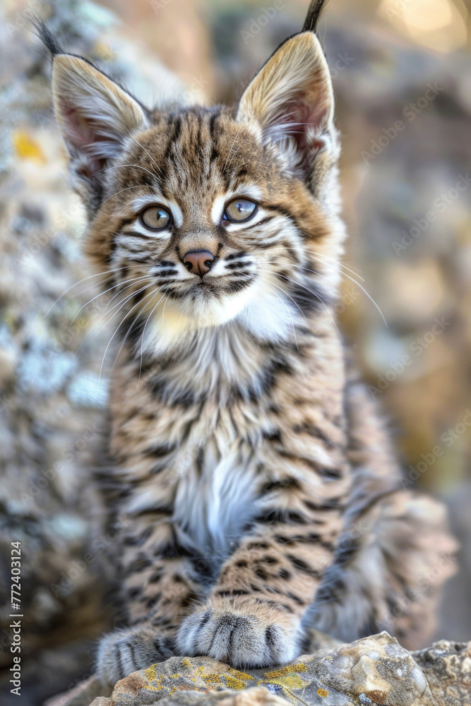 A curious bobcat kitten with big, tufted ears and a playful expression