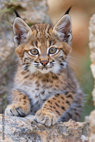 A curious bobcat kitten with big, tufted ears and a playful expression © Veniamin Kraskov