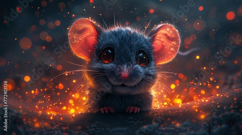  A tiny mouse perched atop a mound of dirt near a blazing forest, surrounded by numerous orange-glowing lights © Nadia