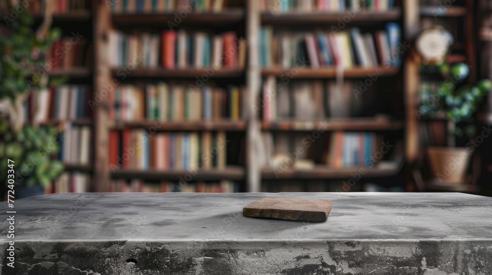 Stone table top with copy space. Bookshelves background