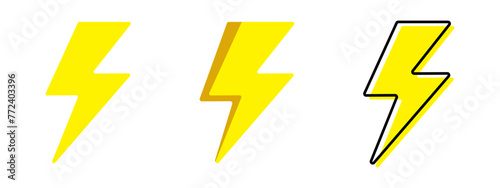 Yellow thunder icon isolated on white background, thunder storm symbol. Yellow electric lightning bolt.