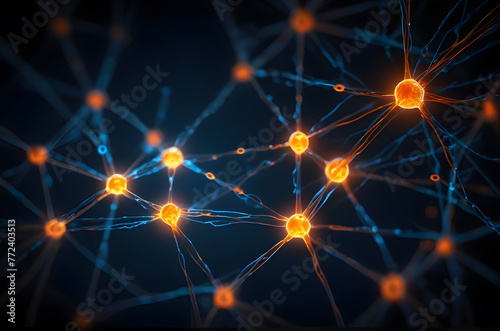 Neural network with glowing orange nodes connected