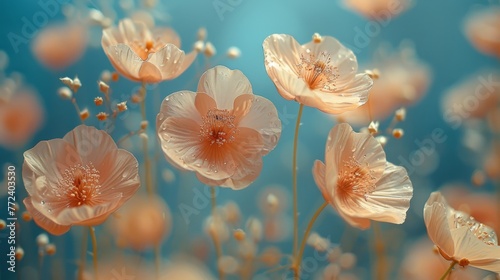  Close-up of a group of flowers with water droplets and blue sky as background