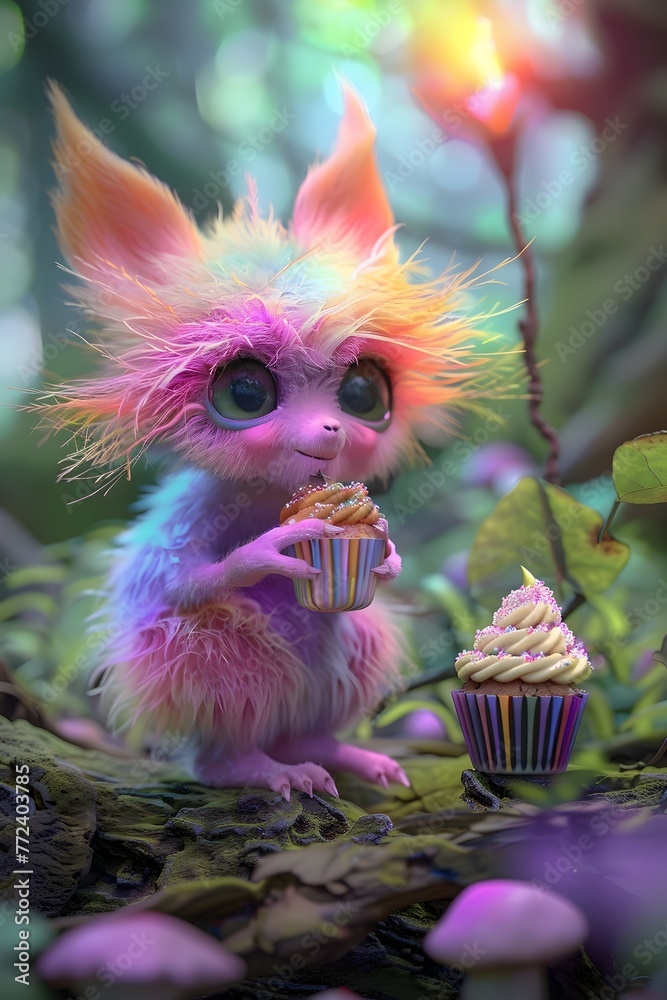 Cheerful Pastel Creature Savoring Delectable Cupcake in Whimsical Garden Setting