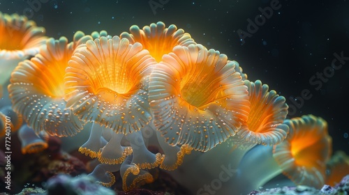  A macro shot of several orange-white sea anemones surrounding coral, with water bubble background