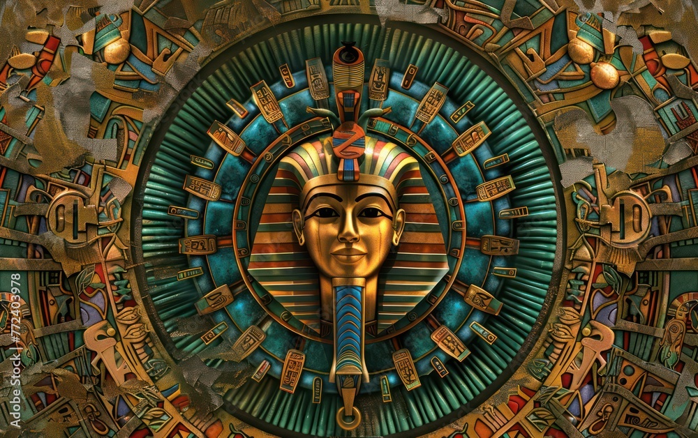 stylized representation of an Ancient Egyptian theme, featuring a Pharaoh's mask centerpiece
