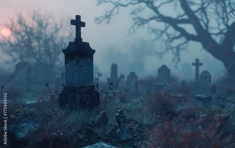 An evocative image capturing the quiet solitude of a cemetery enveloped in mist, with dusk approaching, casting a mysterious ambiance