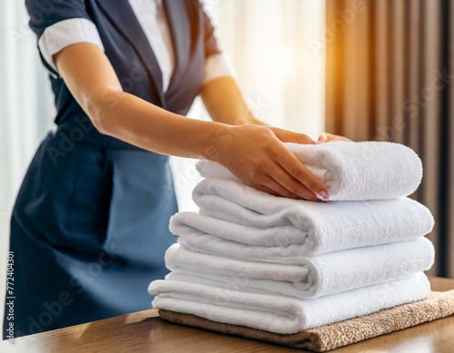 woman hand professional chambermaid putting stack of white fresh towels in hotel room