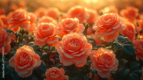  Close-up photo of several flowers bathed in sunlight  with flowers in focus