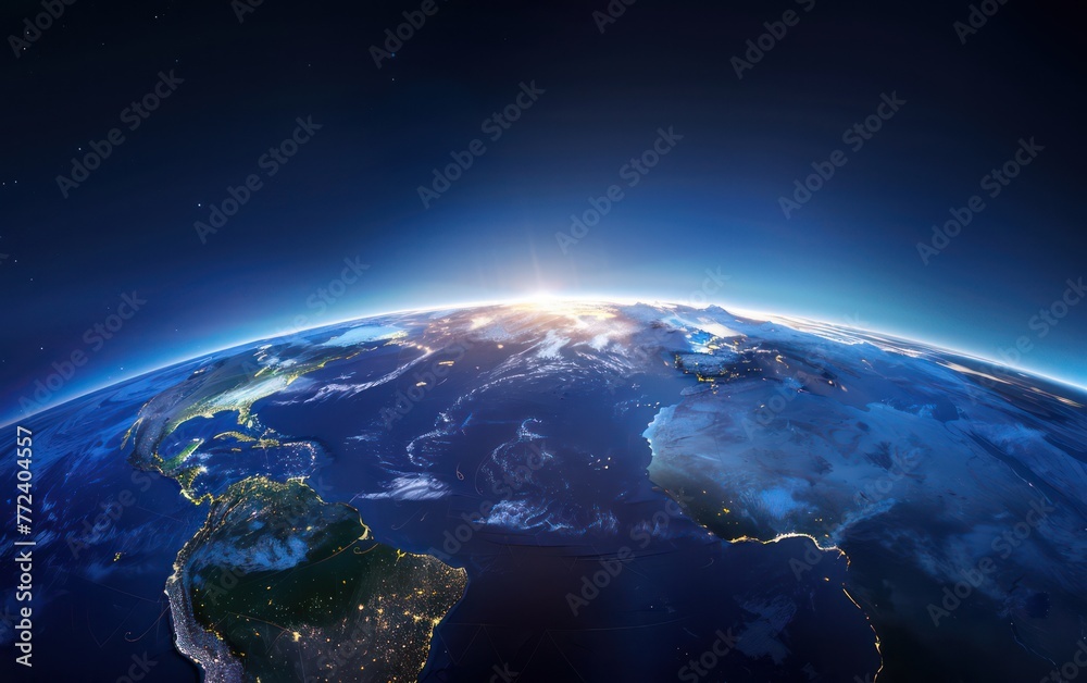 The image captures the breathtaking view of our planet as the sun rises over the horizon, highlighting the beauty and vastness of Earth from a space perspective The image captures the breathtaking view of our planet as the sun rises over the horizon, highlighting the beauty and vastness of Earth from a space perspective