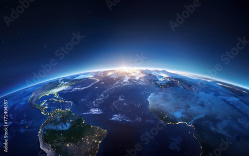The image captures the breathtaking view of our planet as the sun rises over the horizon  highlighting the beauty and vastness of Earth from a space perspective