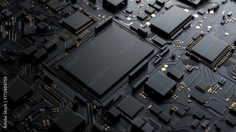 A detailed view of a complex electronic motherboard featuring various microchips and circuit pathways, representative of advanced technology A detailed view of a complex electronic motherboard featuring various microchips and circuit pathways, representative of advanced technology