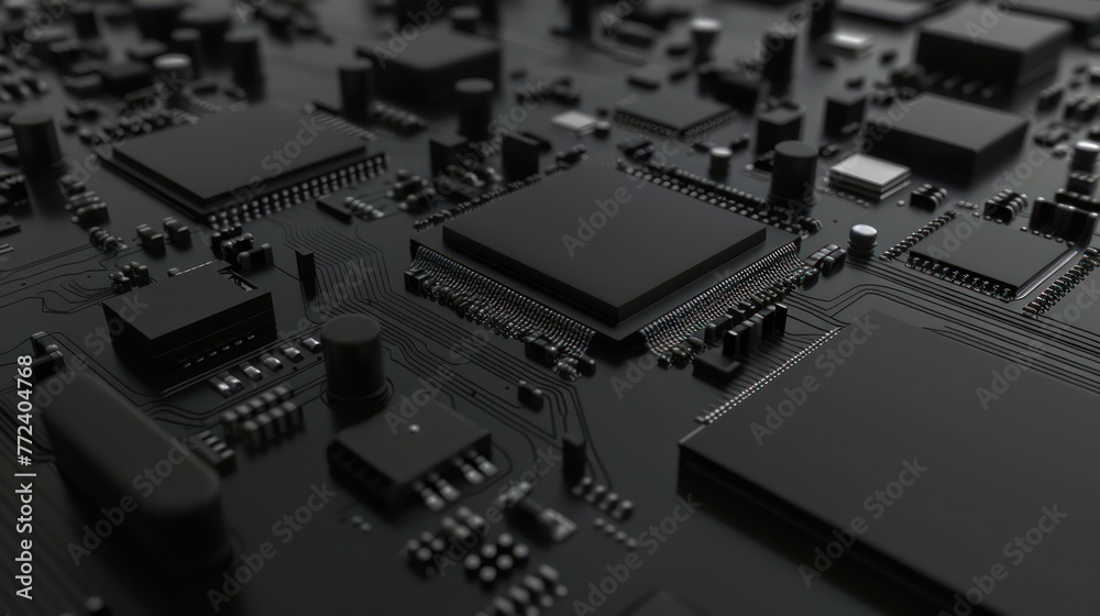 This image captures the intricate details of a sleek black electronic circuit board with a central processing unit and various electronic components This image captures the intricate details of a sleek black electronic circuit board with a central processing unit and various electronic components