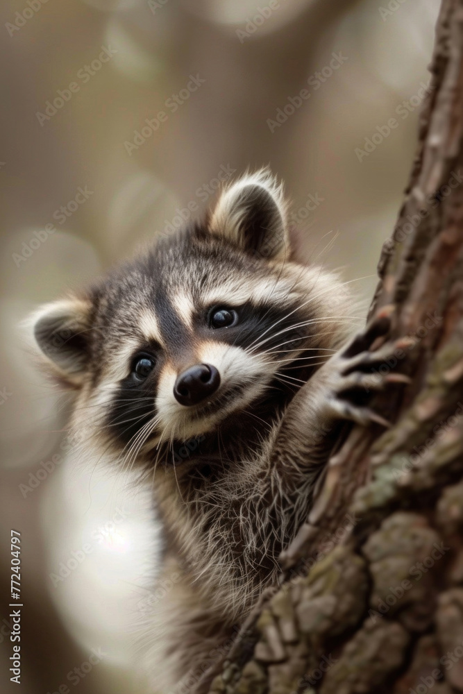 A mischievous raccoon kit with a masked face and a playful grin