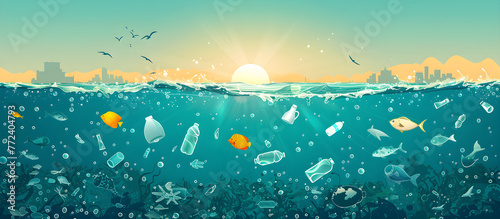 Infographics on banning plastic pollution in the sea and breaking the plastic cycle in water, promoting environmental conservation and sustainable practices. photo