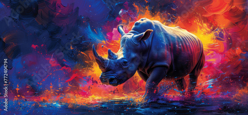  A rhinoceros in water with fire-ice backdrop painting
