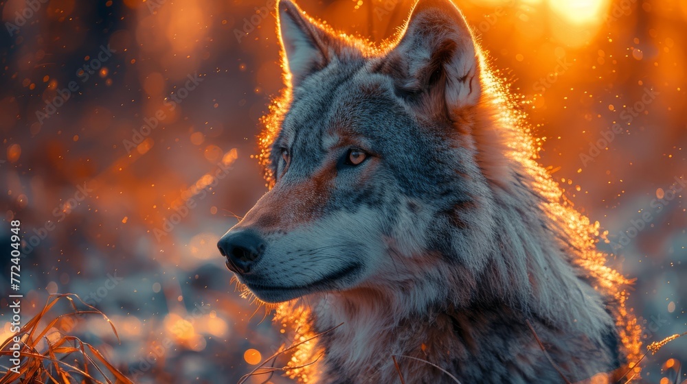  A close-up photo of a wolf amidst tall grass, bathed in sunlight filtering through nearby trees