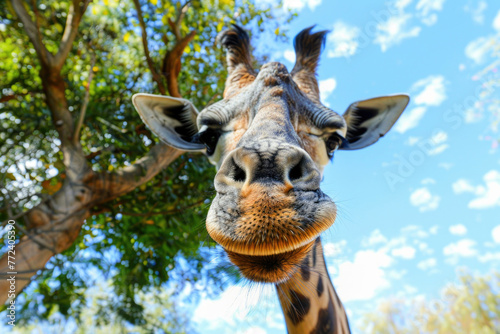 A goofy giraffe with a long neck, big eyelashes, and a surprised expression © Veniamin Kraskov