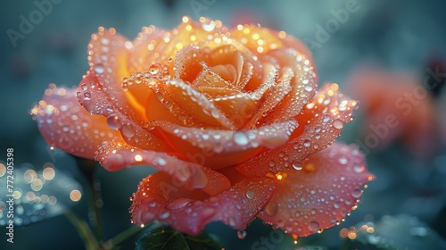  a single rose with dew drops on its petals set against a simple solid-colored backdrop