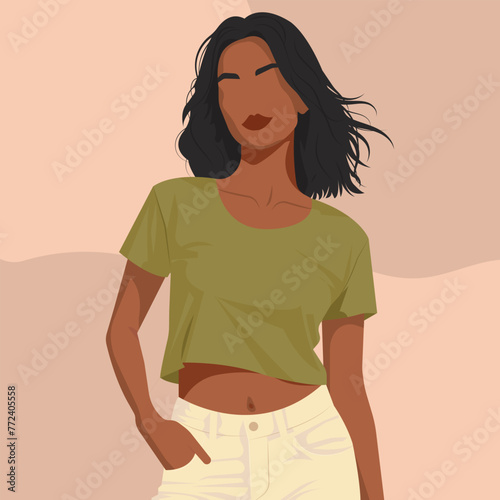 Vector flat fashion illustration of a beautiful young African woman with abstract face wearing a comfortable casual t-shirt and shorts. Stylish art in neutral colors.
