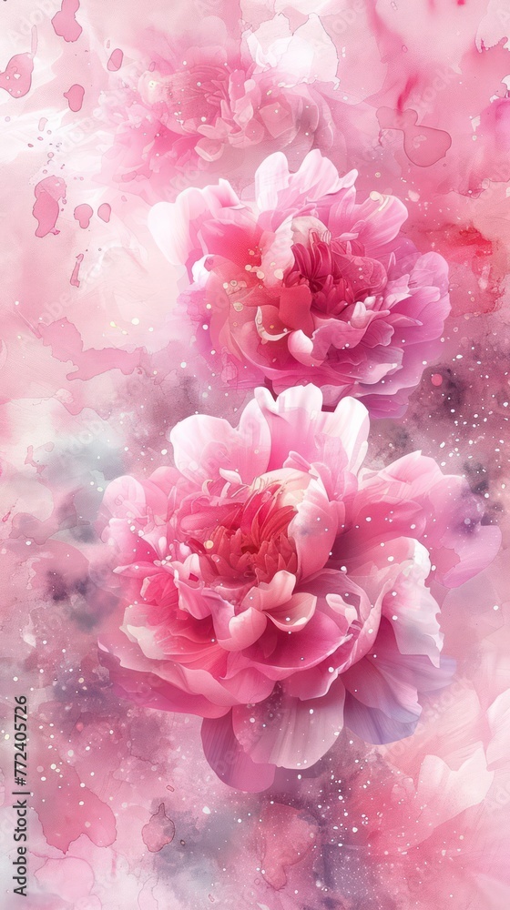 These pink peonies are depicted in a soft, dream-like watercolor style with splashes and starry details, portraying a gentle and romantic vibe These pink peonies are depicted in a soft, dream-like watercolor style with splashes and starry details, portraying a gentle and romantic vibe