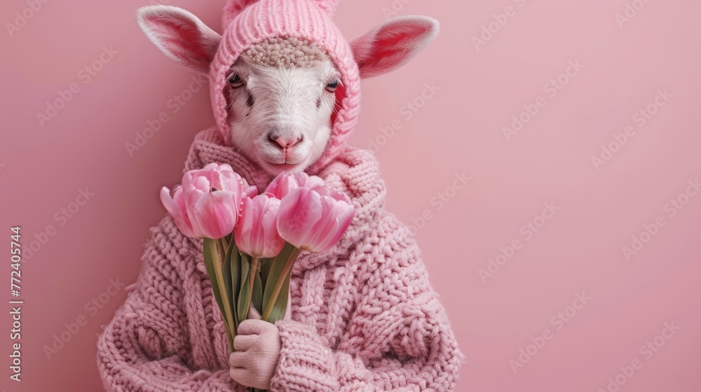 A pink-sweatered sheep carrying a bouquet of pink tulips against a pink backdrop A pink-sweatered sheep carrying a bouquet of pink tulips against a pink backdrop