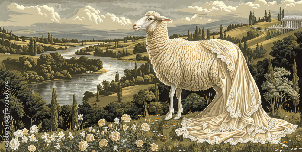 Fototapeta premium A picture of a sheep amidst a field, beside a river, and with a castle in the background