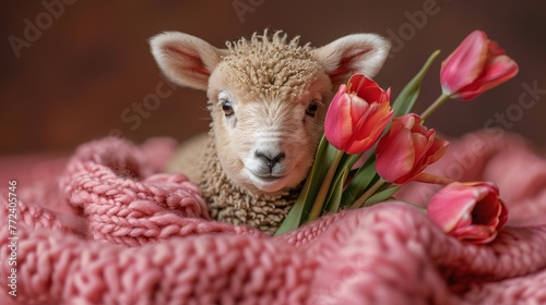  A sheep with tulips in its mouth and a pink blanket on the ground #772405746