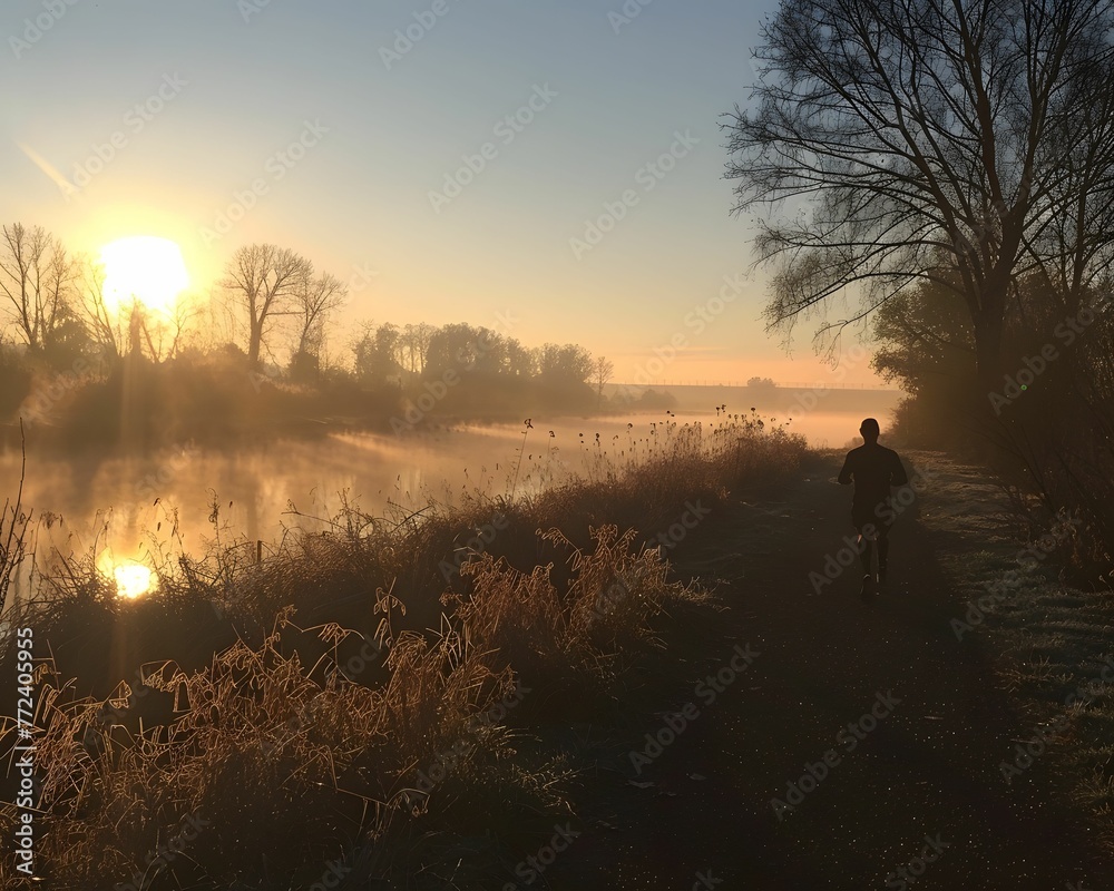 Fototapeta premium Early morning run, mindfulness in motion, days clear start