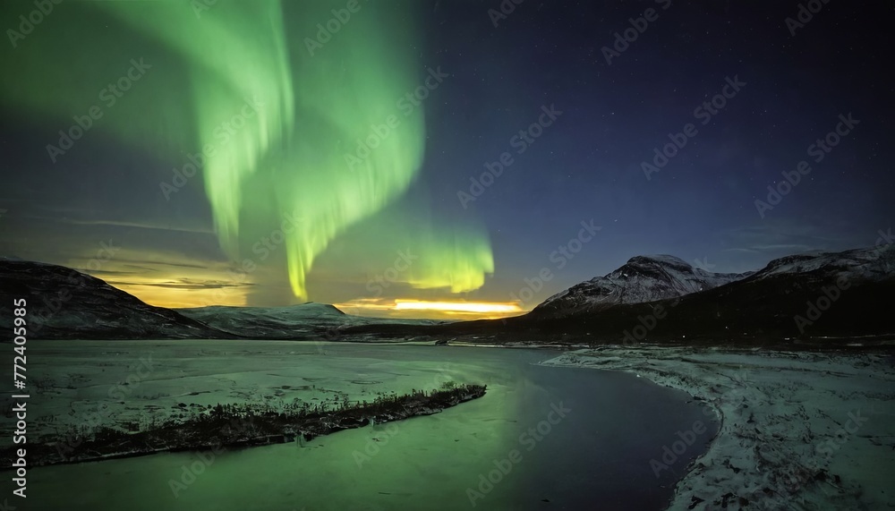 Vibrant Aurora Borealis green and yellow northern light dance in the skys