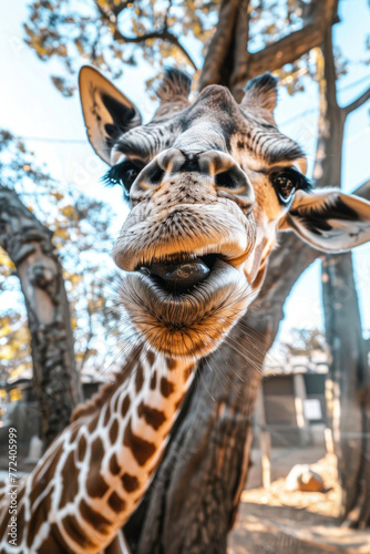 A goofy giraffe with a long neck, big eyelashes, and a surprised expression © Veniamin Kraskov