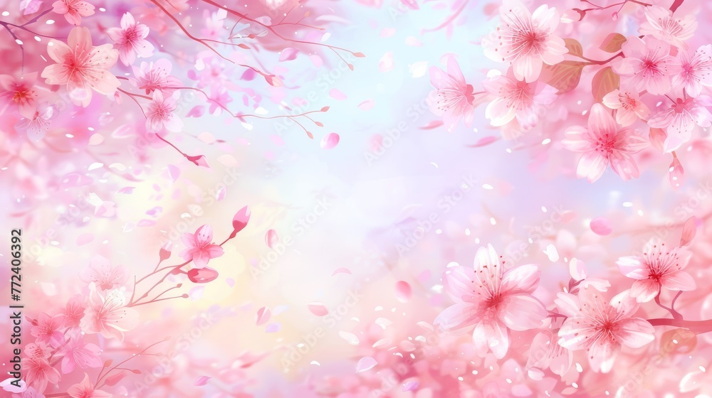  A pink flowered background with numerous pink flowers against a backdrop of blue and pink, featuring a variety of pink blossoms