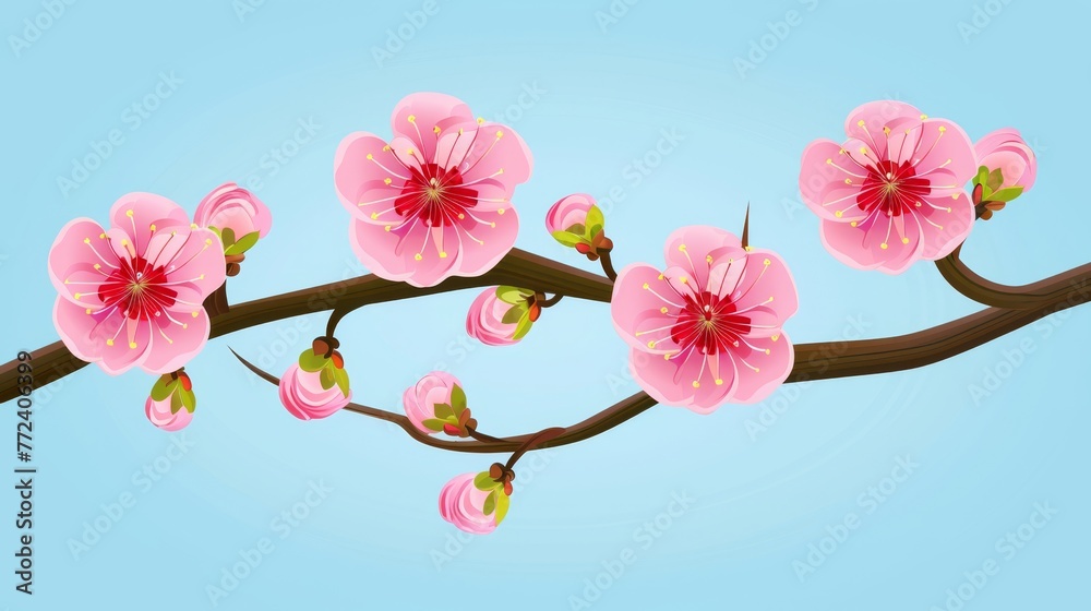  A blooming tree branch with pink flowers against a light blue backdrop, featuring buds in its center