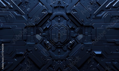A high-detail, dark blue technological panel with intricate futuristic patterns, textures, and sci-fi elements, perfect for background or concept