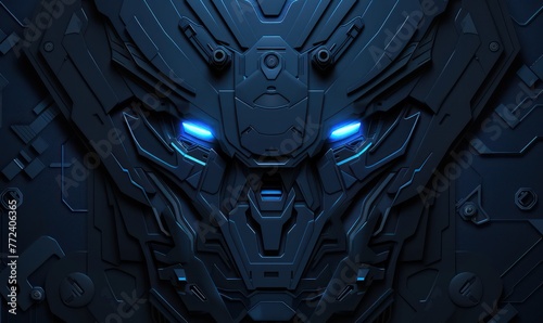 This striking image showcases an advanced robotic armor with intricate designs and glowing blue lights, giving a sense of power and innovation