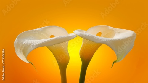  A pair of white blossoms resting atop a green pottery container atop a brownwood desk beside a yellow background photo