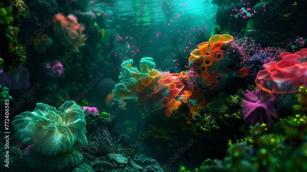 Fototapeta premium Underwater scene visualized with biofluorescence, revealing the glowing life forms of the deep hyper realistic