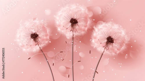  A pink canvas adorned with three dandelions in the center and a heart-filled pink backdrop as focal points
